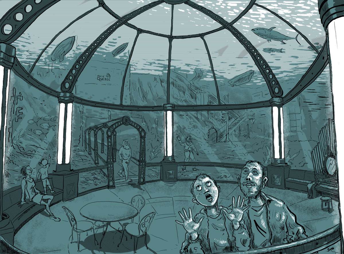 Dessin montrant un dome transparent dans lequel des personnages s'extasient de regarder les poissons qui nagent autour de la structure et les coques des bateaux qui flottent au-dessus, à la surface de l'eau. 