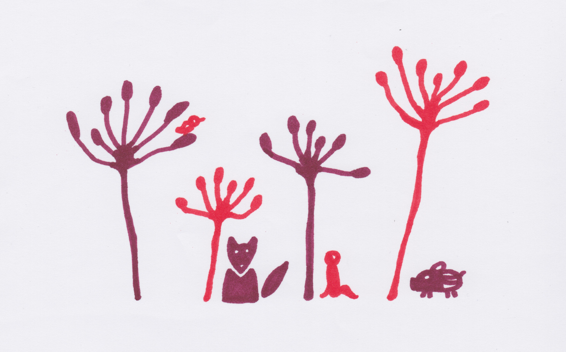 Trois personnages (un coyote, un humain et un sanglier) s'abrite sous des formes florales.