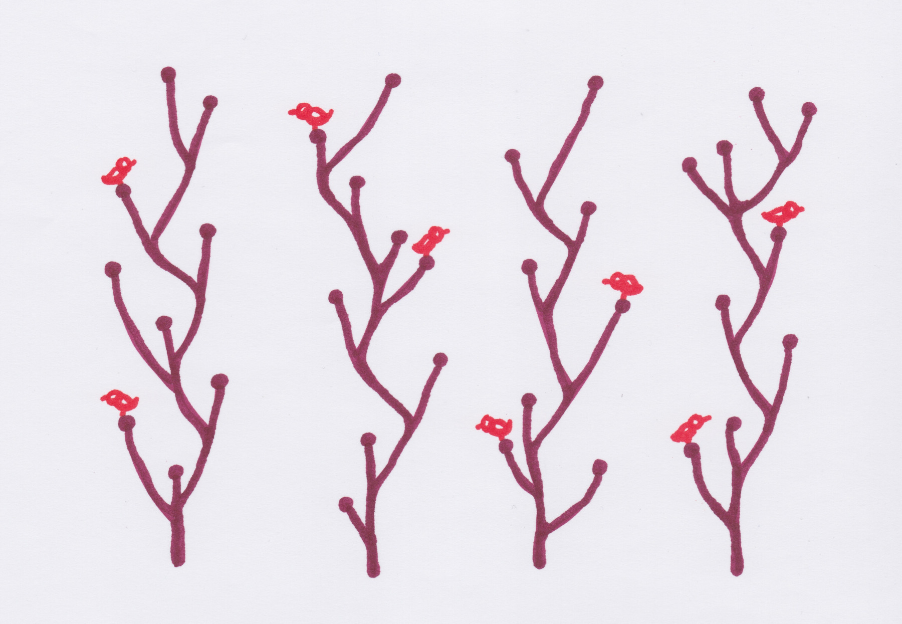 Quatre branches abritent deux oiseaux chacune. 