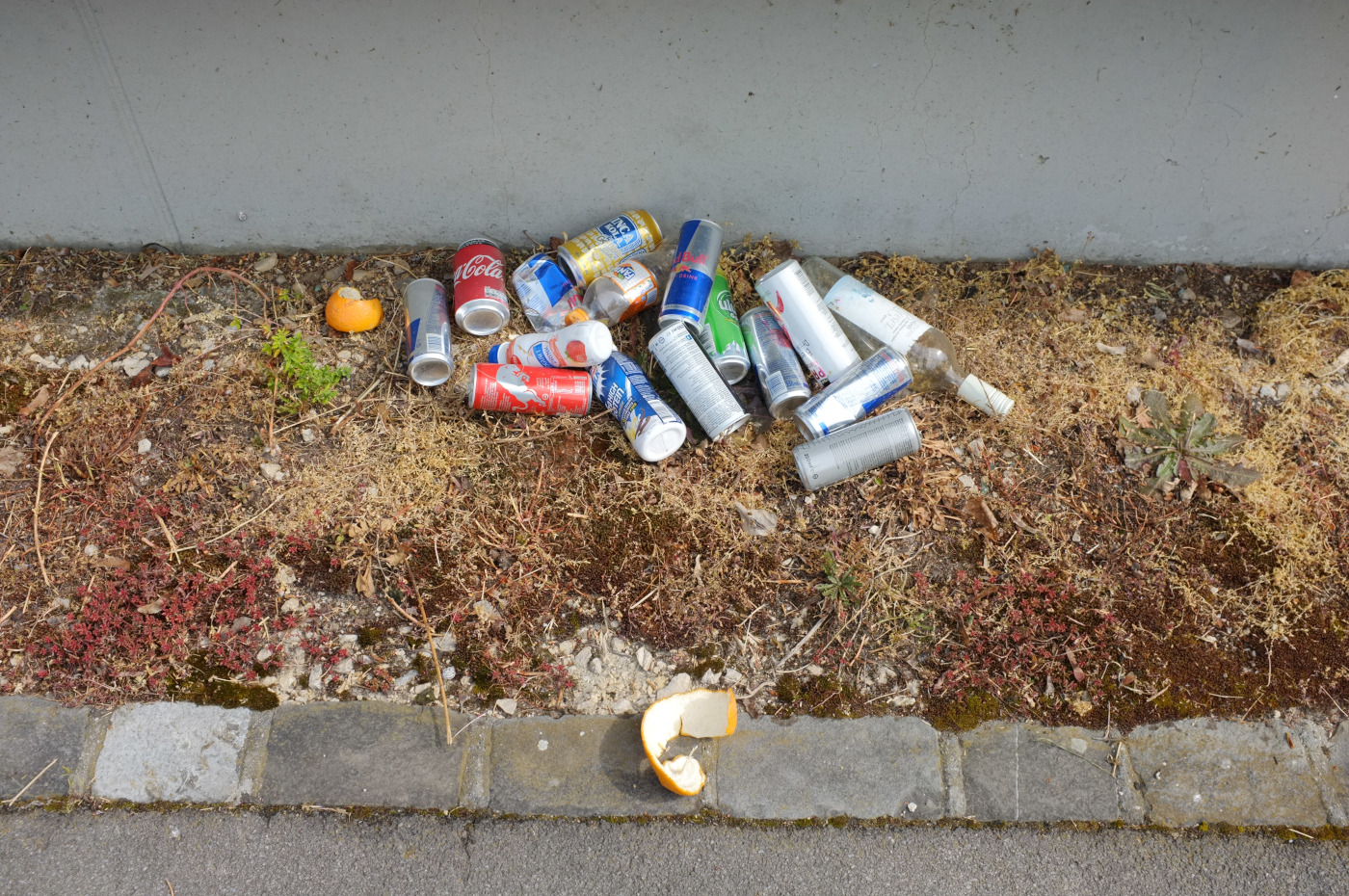 Amas de cannettes, bouteilles et pelures d'orange au pied d'un mur de ciment, sur de la végétation sèche.